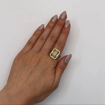 10K Rose Yellow Gold CZ Signet Ring Our Lady Of Guadalupe