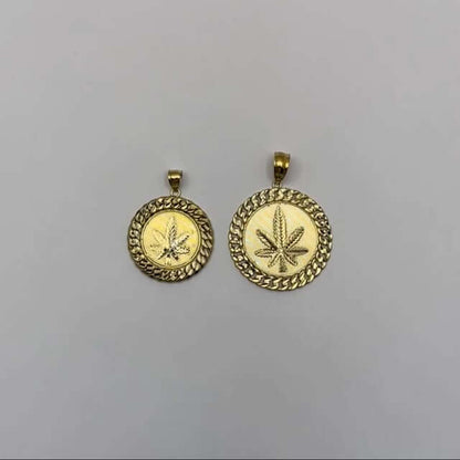 10K Real Gold Marijuana Hemp Leaf Miami Cuban Border Round Pendant 1.7"-2.1"