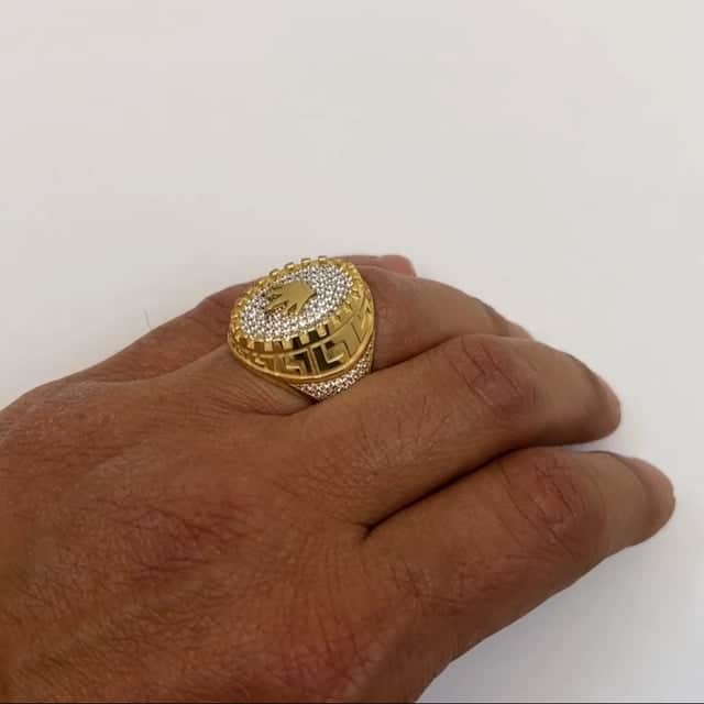 14K Real Gold Yellow CZ Pave Ornaments Crown Signet Ring
