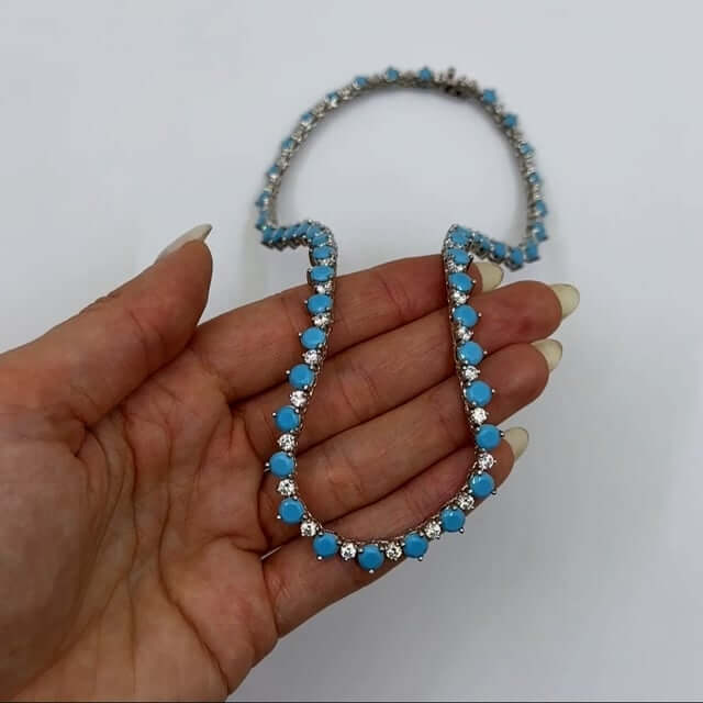 Sterling Silver CZ Turquoise Gradual Wider Tennis Necklace16"-18"