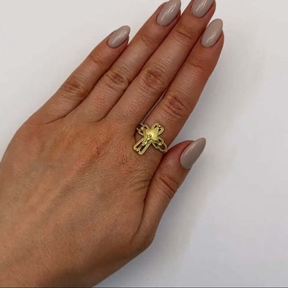 10K Yellow Gold Ornamental Jesus Crucifix Cross Ring