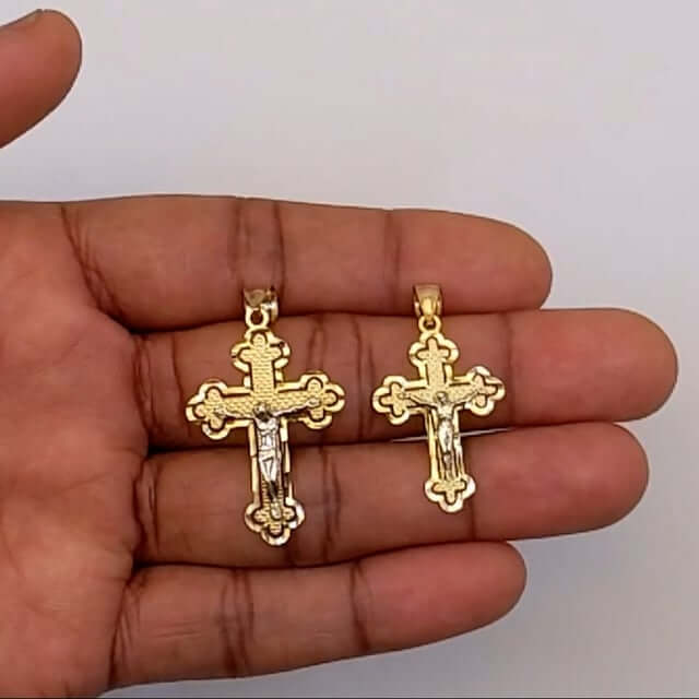 14K Gold Two-Tone White Yellow Jesus Crucifix Cross Pendant 1.4", 1.7"