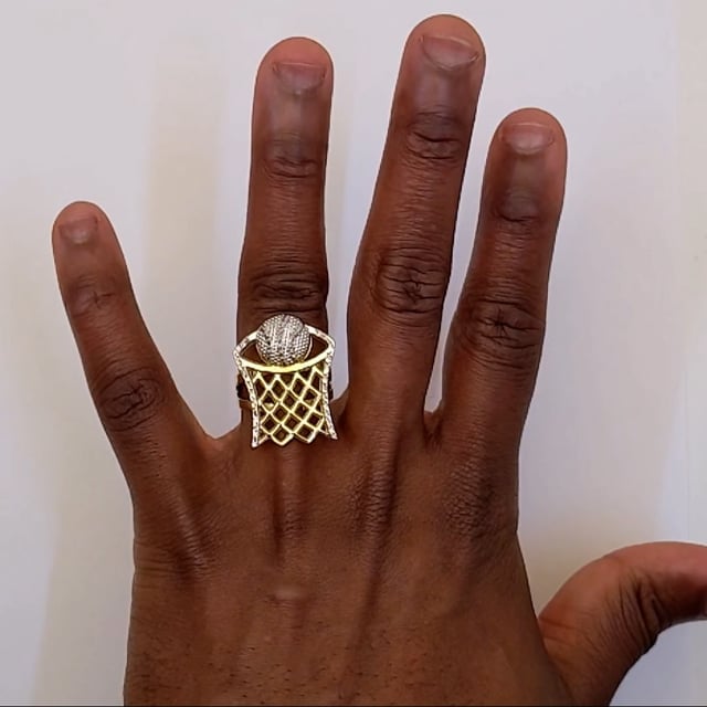 10K Gold Two-Tone Yellow White Diamond Cut Basketball Hoop Signet Ring