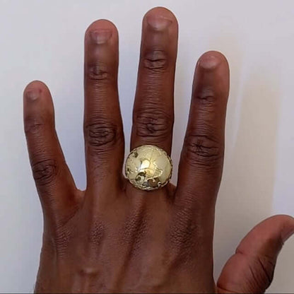 10K Yellow Gold Round 3D Globe Map Signet Ring