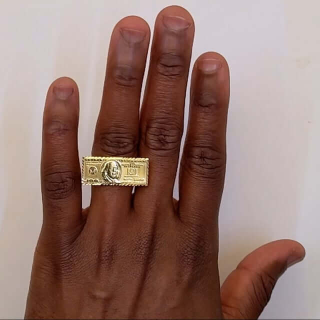 10K Yellow Gold 100 Dollars Dollar Bill Signet Ring