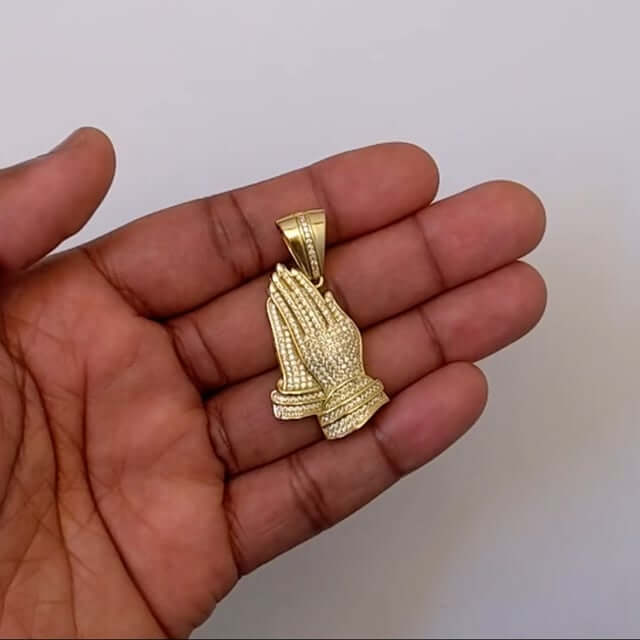 18K Gold Over Sterling Silver CZ Pave Praying Hands Pendant 1.8"