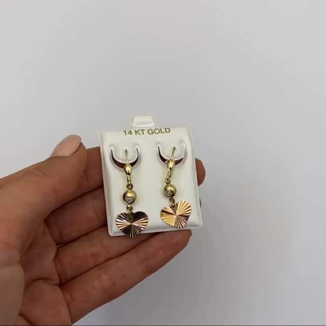 14K Real Gold Two-Tone Yellow Rose CZ Heart Leverback Earrings