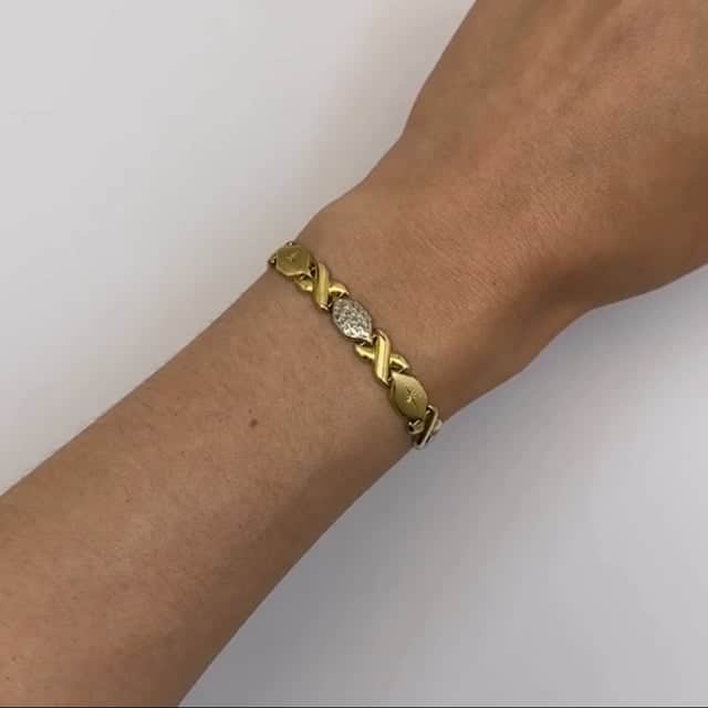 14K Real Gold Two-Tone Yellow White 7mm Satin Stampato XO Bracelet 7.25"