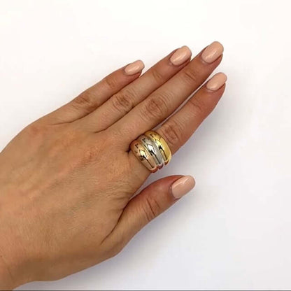14K Gold Tri-Color Yellow White Rose Trinity Bold Ring Band Size 7