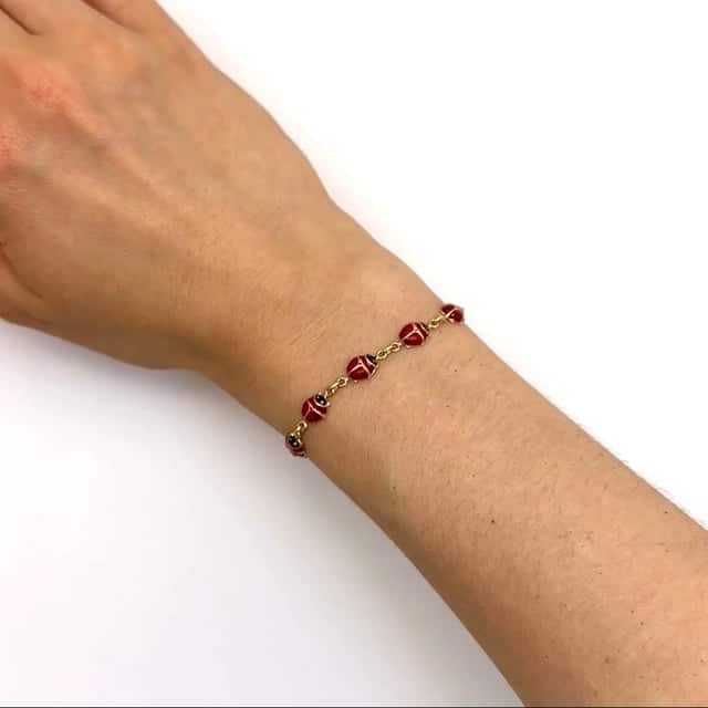 14K Gold Yellow Enamel Ladybug Bracelet 7"
