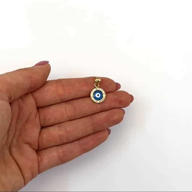 10K Real Gold CZ Round Evil Eye Pendant 0.8"
