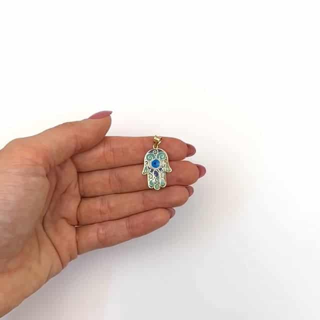 10K Yellow Gold Enamel Hamsa Hand Evil Eye Pendant 1.1" - WJD Exclusives