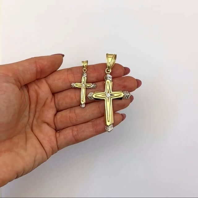 0.08CT CZ 10K Yellow Gold Cross Religious Pendant 1.5" 2.2"
