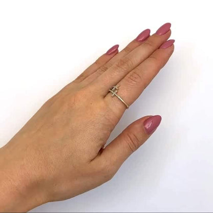Real Diamond 10K Yellow Gold Sideways Double Cross Ring
