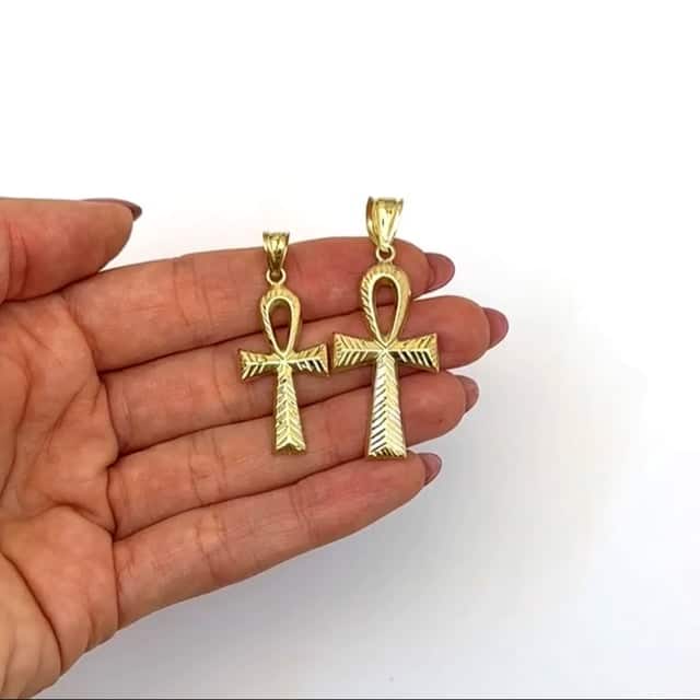 10K Gold Diamond - Cut Ankh Cross Pendant 1.5" - 1.8" - WJD Exclusives