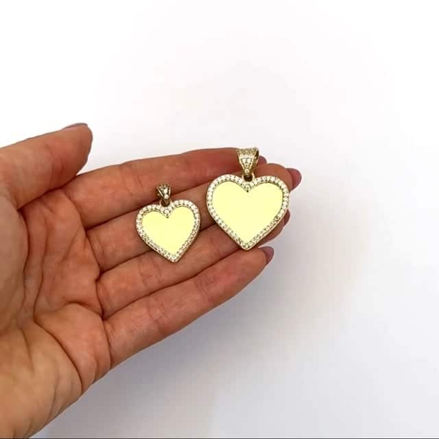 10K Yellow Gold CZ Memory Picture Heart Pendant 1.1"-1.6"
