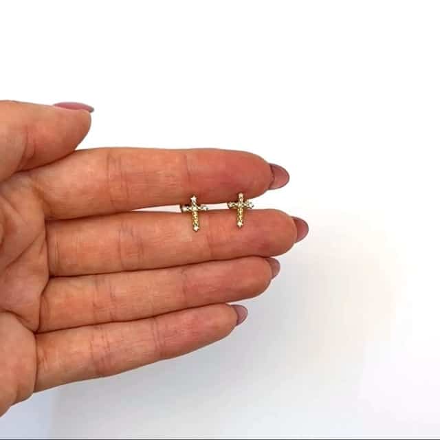 0.05CTW Natural Diamond 10K Gold Yellow White Cross Stud Earrings 10mm - WJD Exclusives