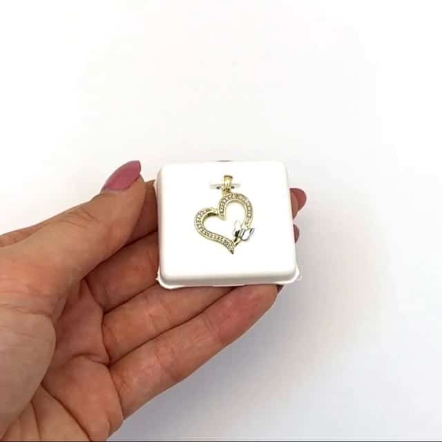 0.10CTW Natural Diamond 10K Gold Yellow White Rose Butterfly Heart Pendant 0.9" - WJD Exclusives