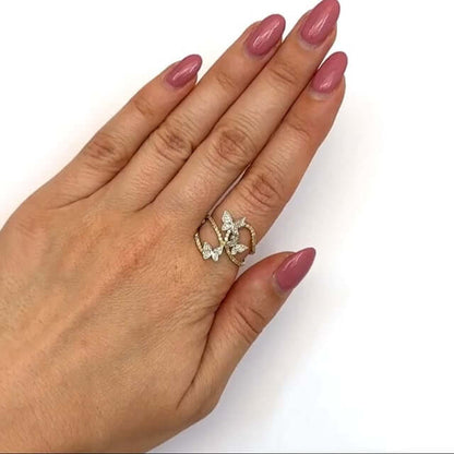 0.35CTW Natural Diamond 10K Gold 2-Tone Yellow White 3-Butterflies Cocktail Ring