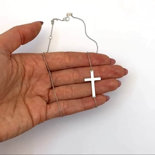 14K Yellow White Gold 1mm Cable Chain Flat Cross Necklace (Hollow) 16" - 18" Adjustable - WJD Exclusives