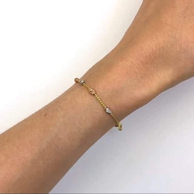 14K Gold Tri - Color Diamond - Cut Oval Beads Station Bolo Bracelet (Hollow) 5" - 9.25" Adjustable - WJD Exclusives