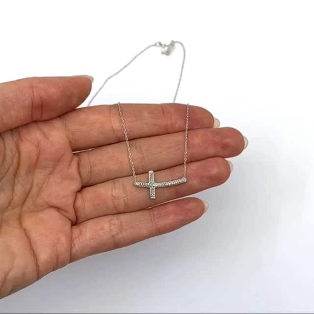 Natural Diamond 10K Gold Yellow White Curved Sideways Cross Necklace (Solid Links) 18" - WJD Exclusives