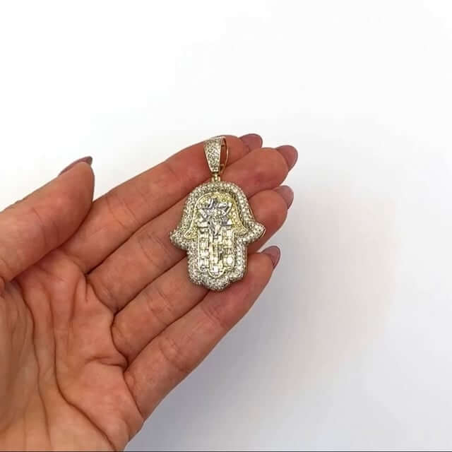 2.60CTW Natural Diamond 10K Yellow Gold Davids Star Hamsa Pendant 2.3" - WJD Exclusives