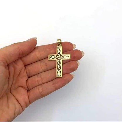 14K Yellow Gold Vine Ornament Cross Pendant 1.8"