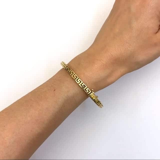 14K Gold Yellow 5mm Greek Key Ornament Bangle Bracelet 7"