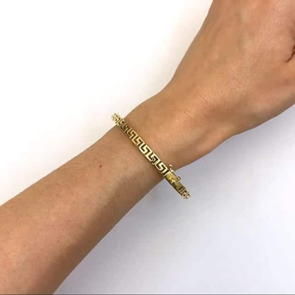 14K Gold Yellow 5mm Greek Key Ornament Bangle Bracelet 7"