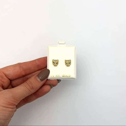 14K Real Gold Green Eyes Geometric Panther Stud Earrings 9mm
