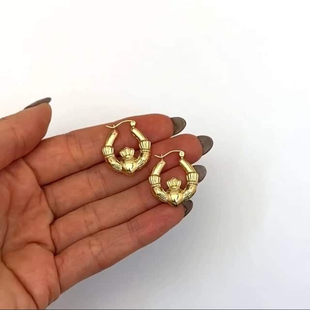 14k Yellow Gold Claddagh Puff Hoop Earrings 0.9"