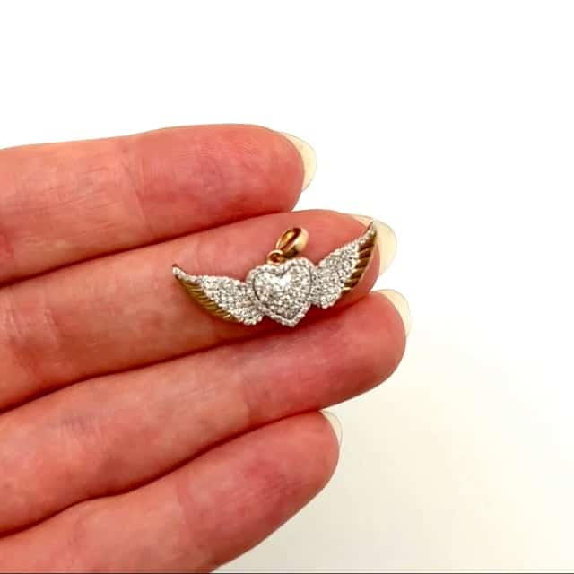 0.41CTW Natural Diamond 10K Gold Yellow White Heart Wings Pendant 0.7" - WJD Exclusives