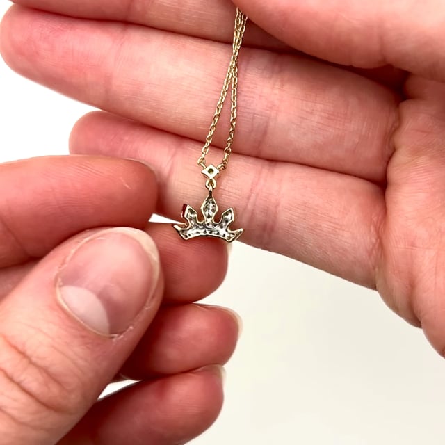 Real Diamond 10K Real Gold Yellow White Royal Crown Tiara Pendant Necklace 18"