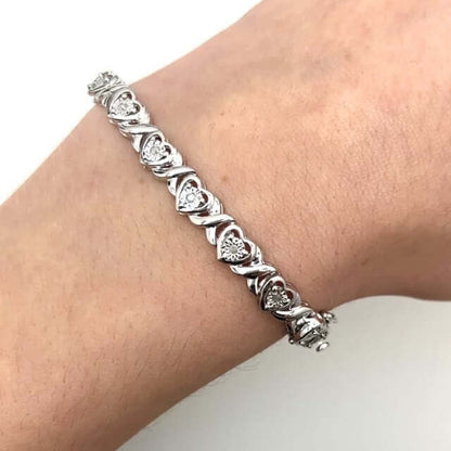 0.25CTW Real Diamond Sterling Silver 7.5mm Round Heart Tennis Bracelet 7"