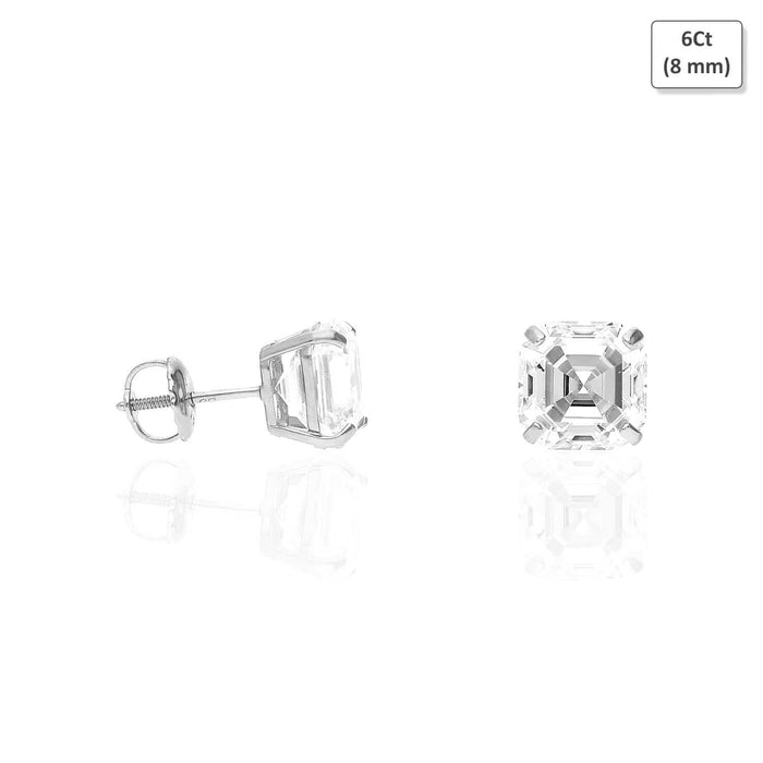 14K White Gold Asscher-Cut CZ Screw Back Stud Earrings 1.5Ct-6Ct