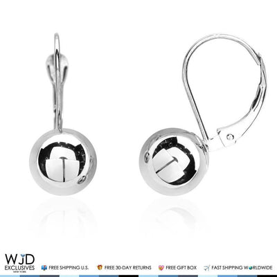 8mm Diameter Ball Lever Back Earrings 14K White Gold 0.8"