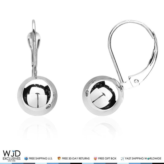 8mm Diameter Ball Lever Back Earrings 14K Solid White Gold 0.8"