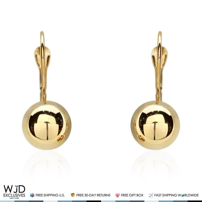 8mm Diameter Ball Lever Back Earrings 14K Yellow Gold 0.8"