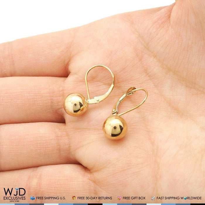 8mm Diameter Ball Lever Back Earrings 14K Yellow Gold 0.8"