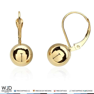 8mm Diameter Ball Lever Back Earrings 14K Yellow Gold 0.8"