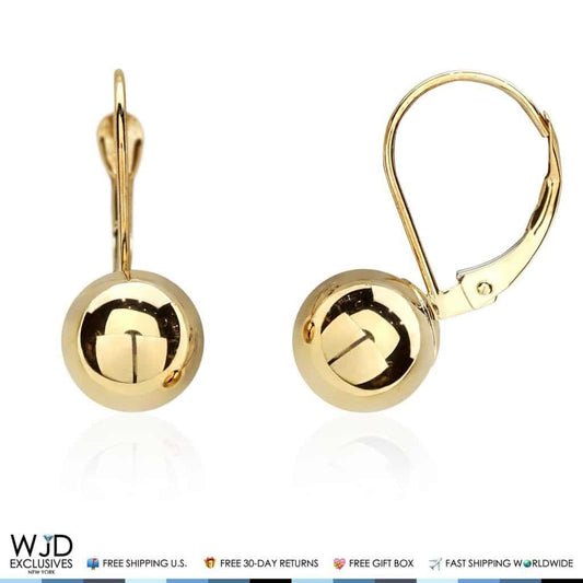 8mm Diameter Ball Lever Back Earrings 14K Solid Yellow Gold 0.8"