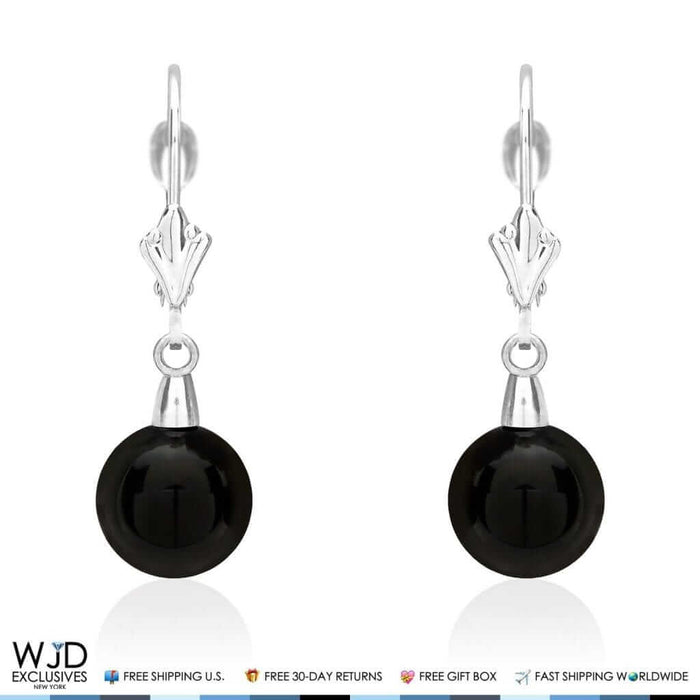 6mm-10mm Diameter Ball Shaped Onyx Dangle Leverback Earrings 14K White Gold