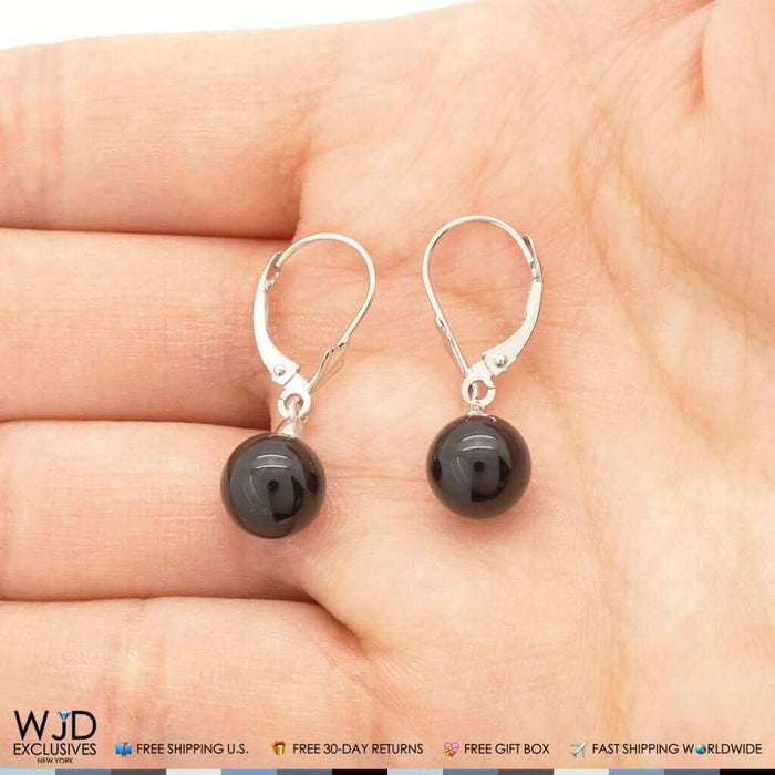 6mm-10mm Diameter Ball Shaped Onyx Dangle Leverback Earrings 14K White Gold