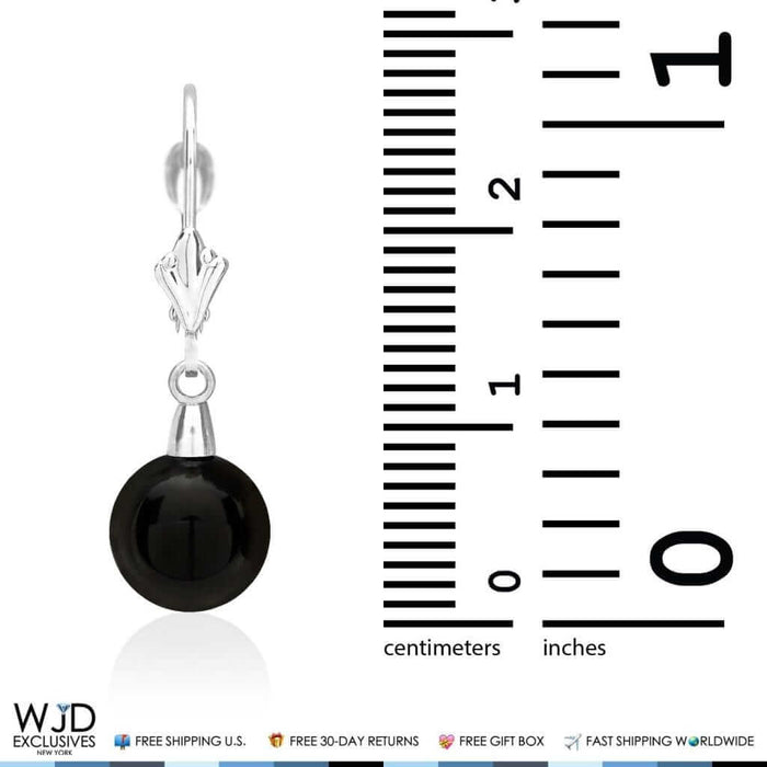 6mm-10mm Diameter Ball Shaped Onyx Dangle Leverback Earrings 14K White Gold