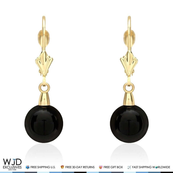 6mm-10mm Diameter Ball Shaped Onyx Dangle Leverback Earrings 14K Yellow Gold
