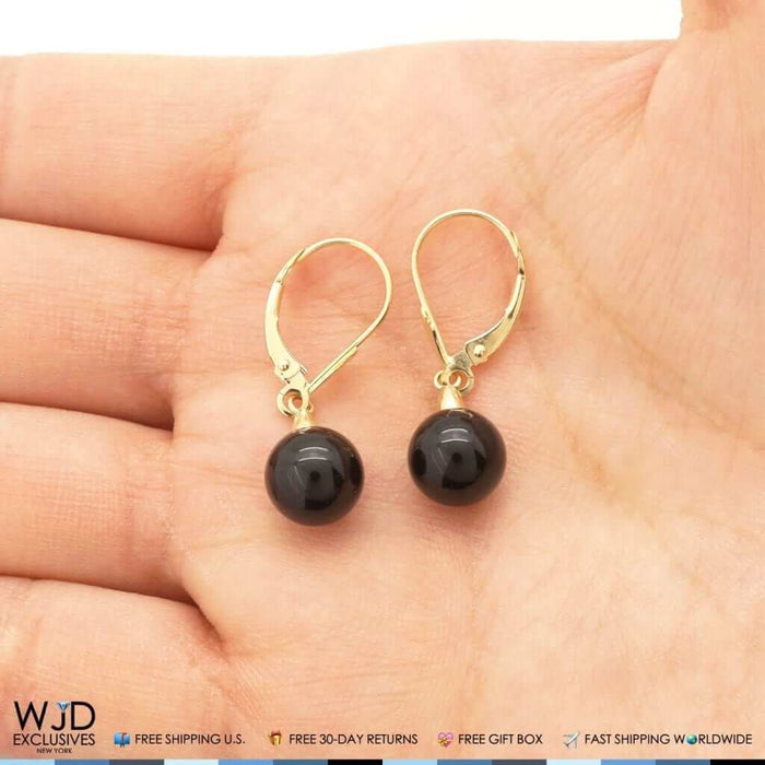 6mm-10mm Diameter Ball Shaped Onyx Dangle Leverback Earrings 14K Yellow Gold