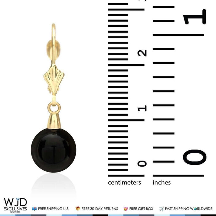 6mm-10mm Diameter Ball Shaped Onyx Dangle Leverback Earrings 14K Yellow Gold