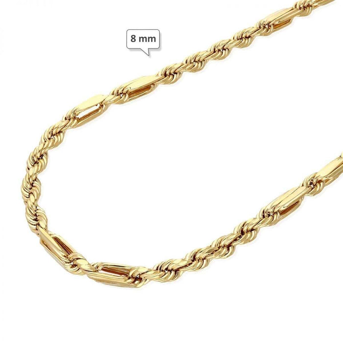 10K Solid Gold Diamond-Cut 4-8mm Milano Figaro Rope Chain (Hollow) 20-32"