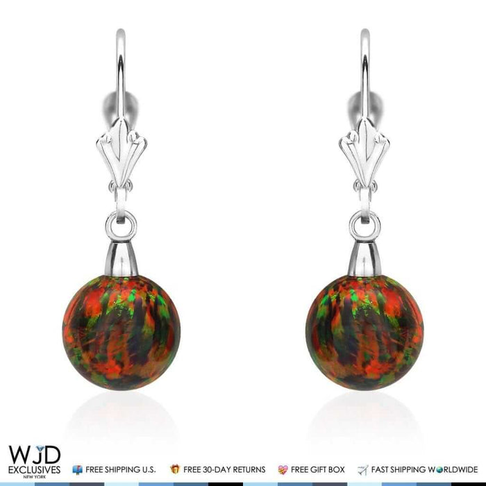 9mm Ball Shaped Black Fire Opal Dangle Leverback Earrings 14K White Gold